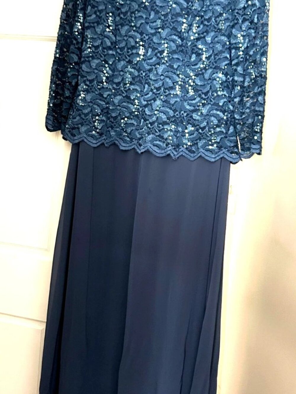 Alex Evenings Sequin Lace Chiffon Floor Length Gown Dress 14P Blue